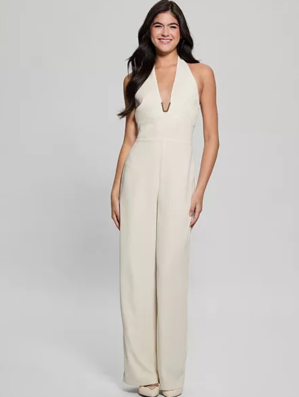 Guess Ferra Sleeveless Halter Backless Wide Leg Jumpsuit Cream White